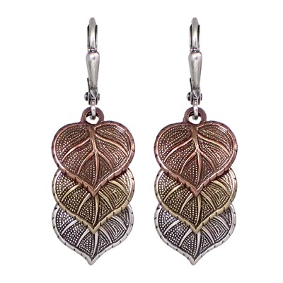 Antiqued Metal Leaf Lever Back Dangle Earrings, Handmade with Copper, Bronze Brass, and Silver - image3